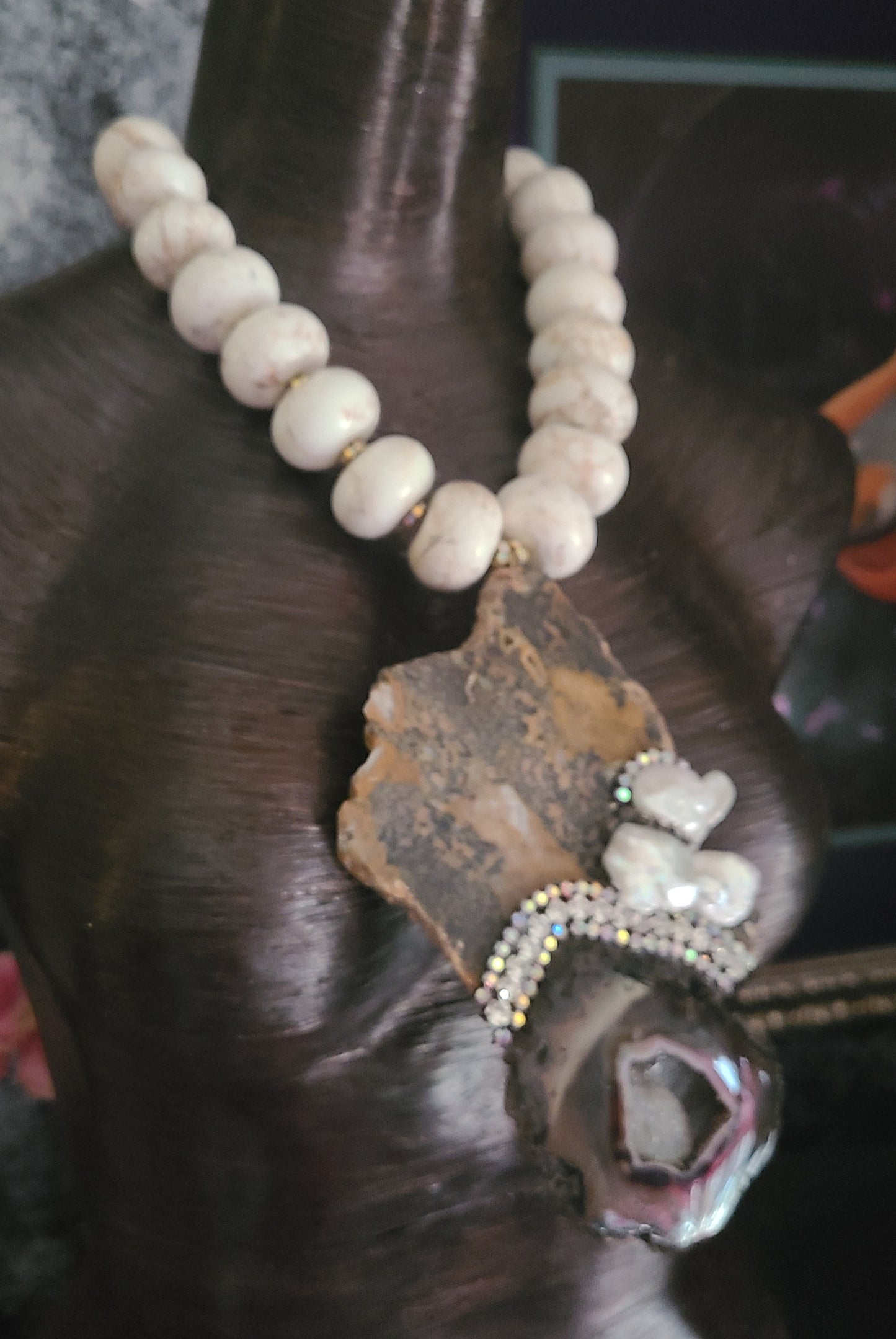 Cheetah Jasper Slab Agate Rhinestone & Pearl Chest Piece - OOAK