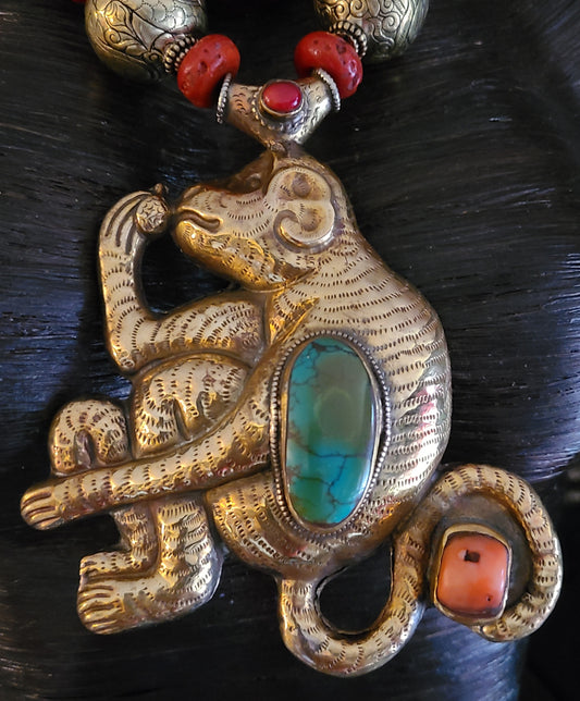 Red Glass Sherpa Beaded Tribal Luxury Necklace - Brass Repousse Monkey