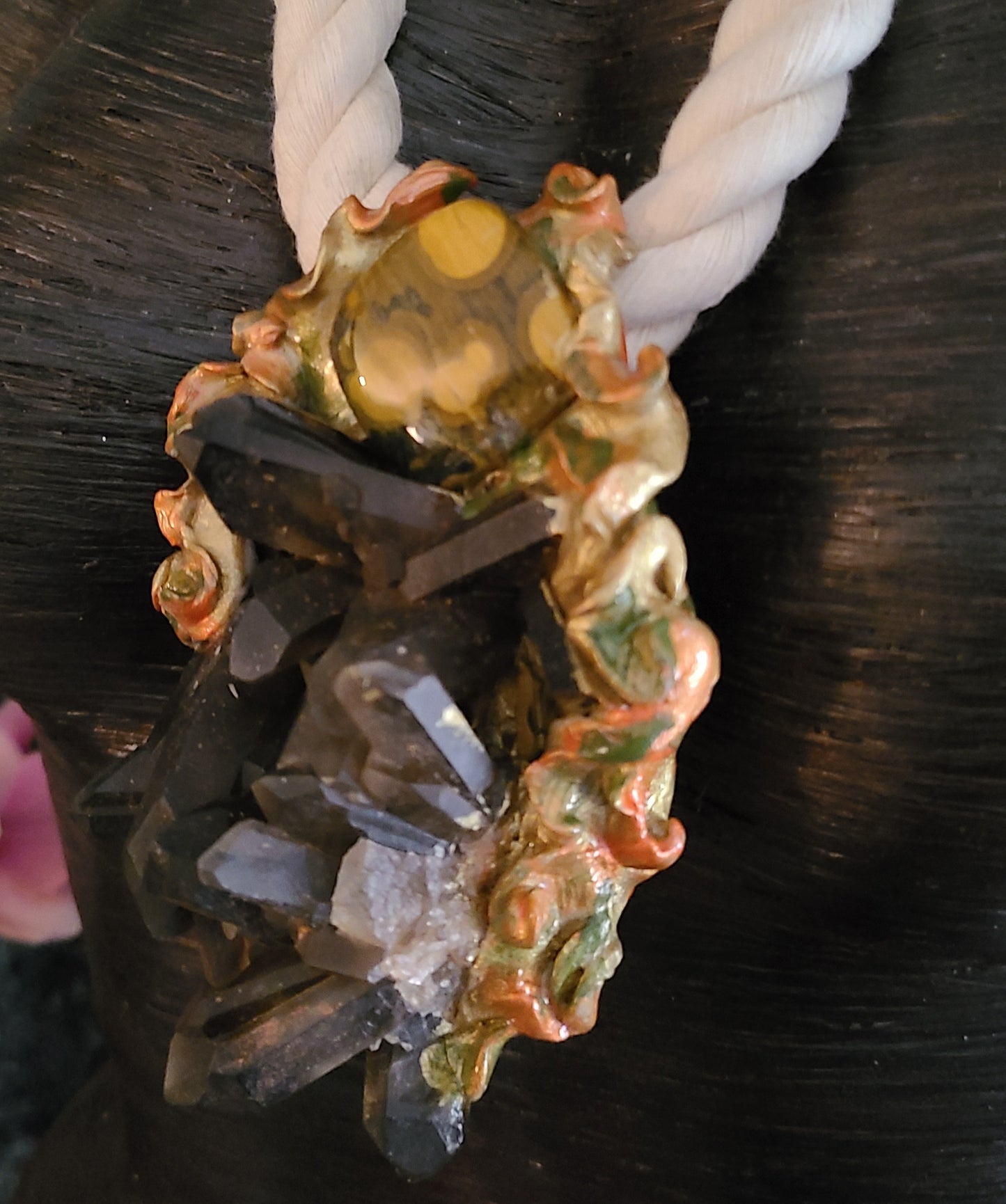 Gemmy Black Brown Rough Smoky Quartz Rope Gemstone Pendant, Unisex Cry