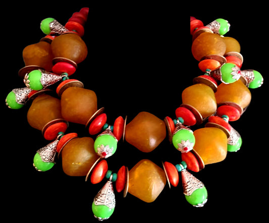 African Beaded Tribal Oversized Necklace - Orange Green Red & Yellow