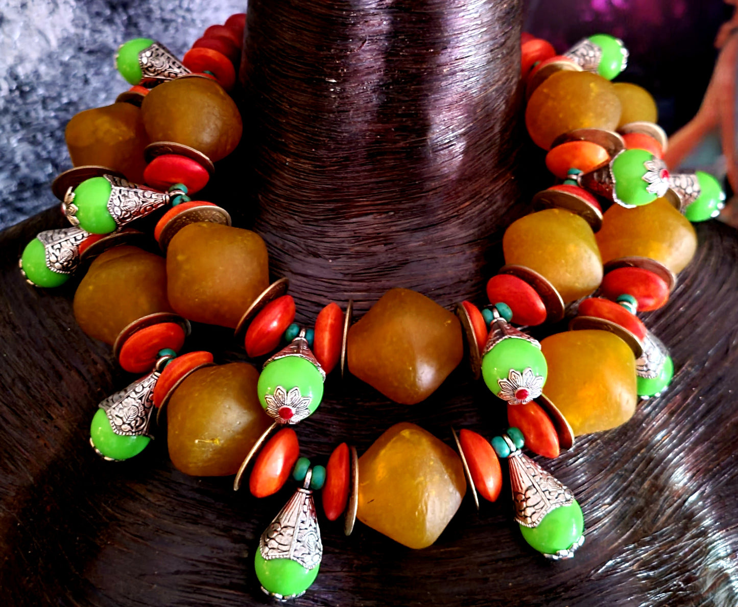 African Beaded Tribal Oversized Necklace - Orange Green Red & Yellow