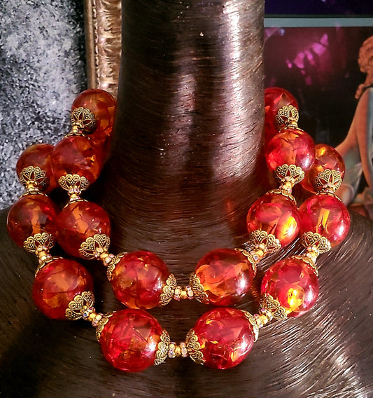 Jumbo Tibetan Resin & Gold Bead Cap Statement Luxury Necklace