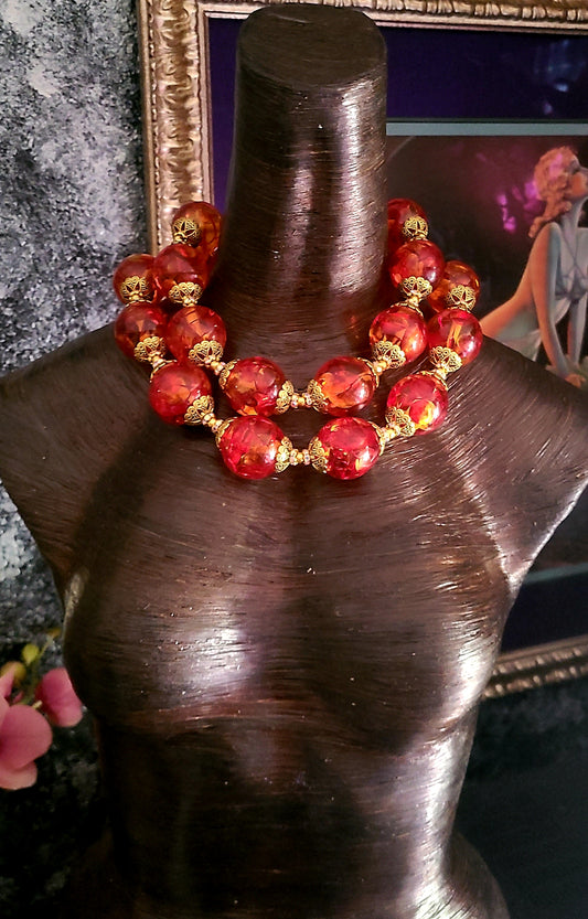 Jumbo Tibetan Resin & Gold Bead Cap Statement Luxury Necklace, Faux Am