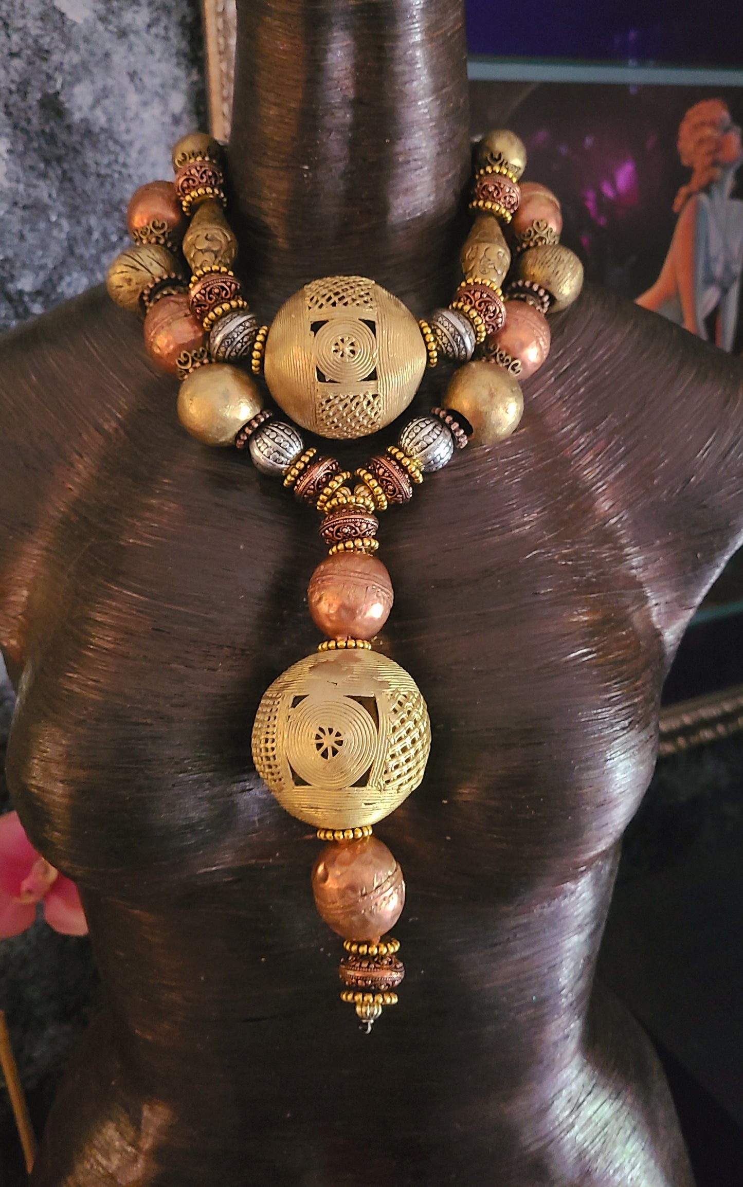 African Jumbo Beaded Brass & Copper Ethnic Luxury Necklace - Queens