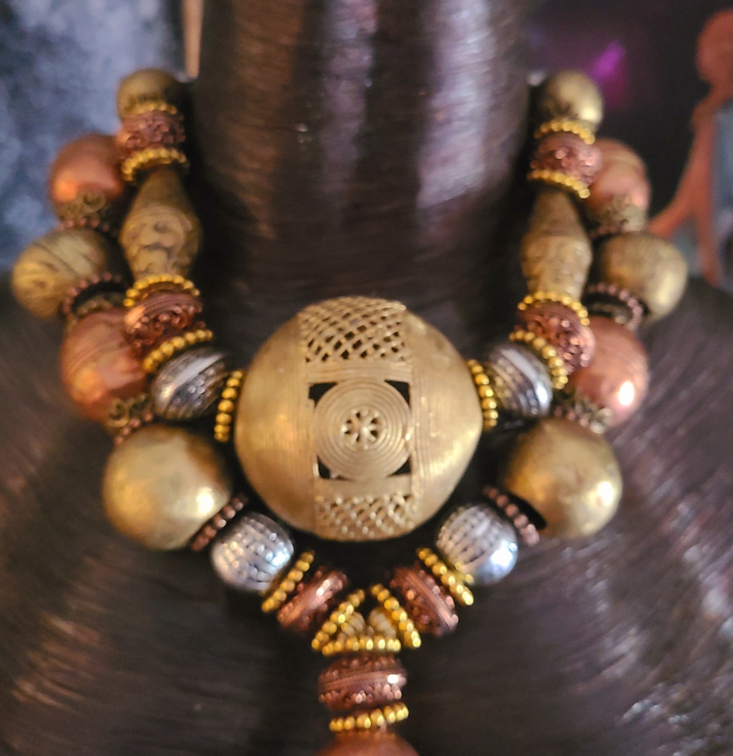 African Jumbo Beaded Brass & Copper Ethnic Luxury Necklace - Queens