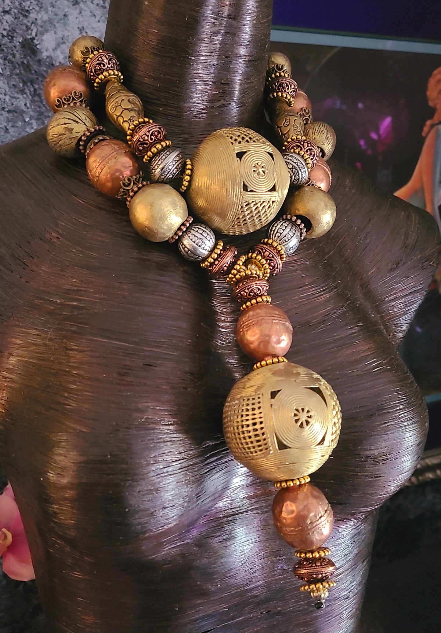 African Jumbo Beaded Brass & Copper Ethnic Luxury Necklace - Queens