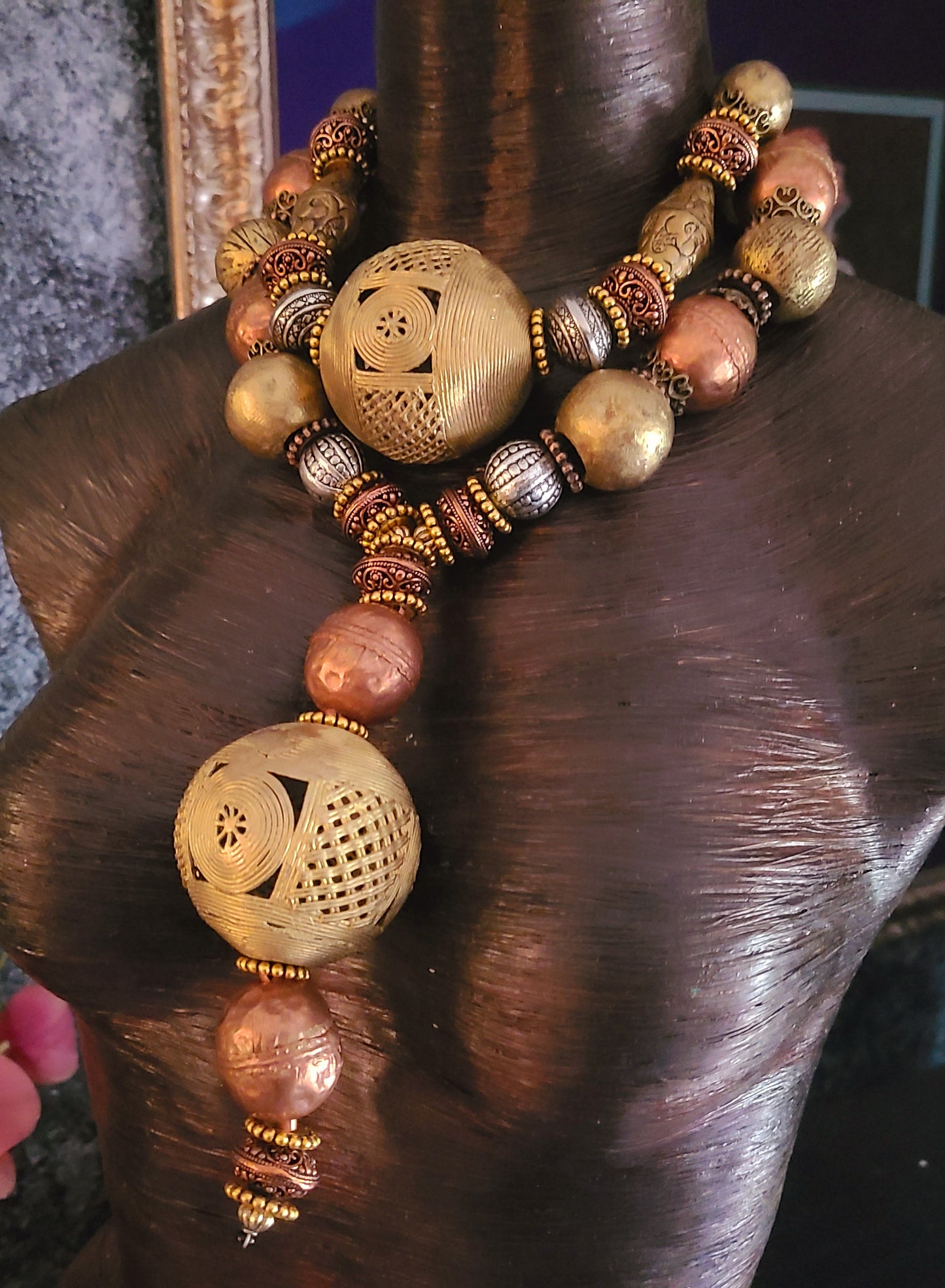 African Jumbo Beaded Brass & Copper Ethnic Luxury Necklace - Queens