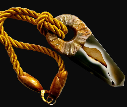 Druzy Orca Agate Sculpted Amulet with Satin Cord - Mascline Energy