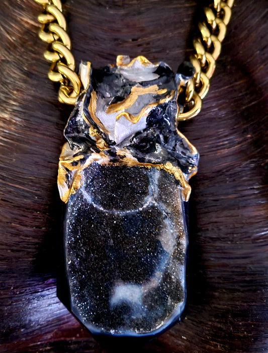 Heavily Crystallized Druzy Agate Chest Piece, Black & Gold Gemstone