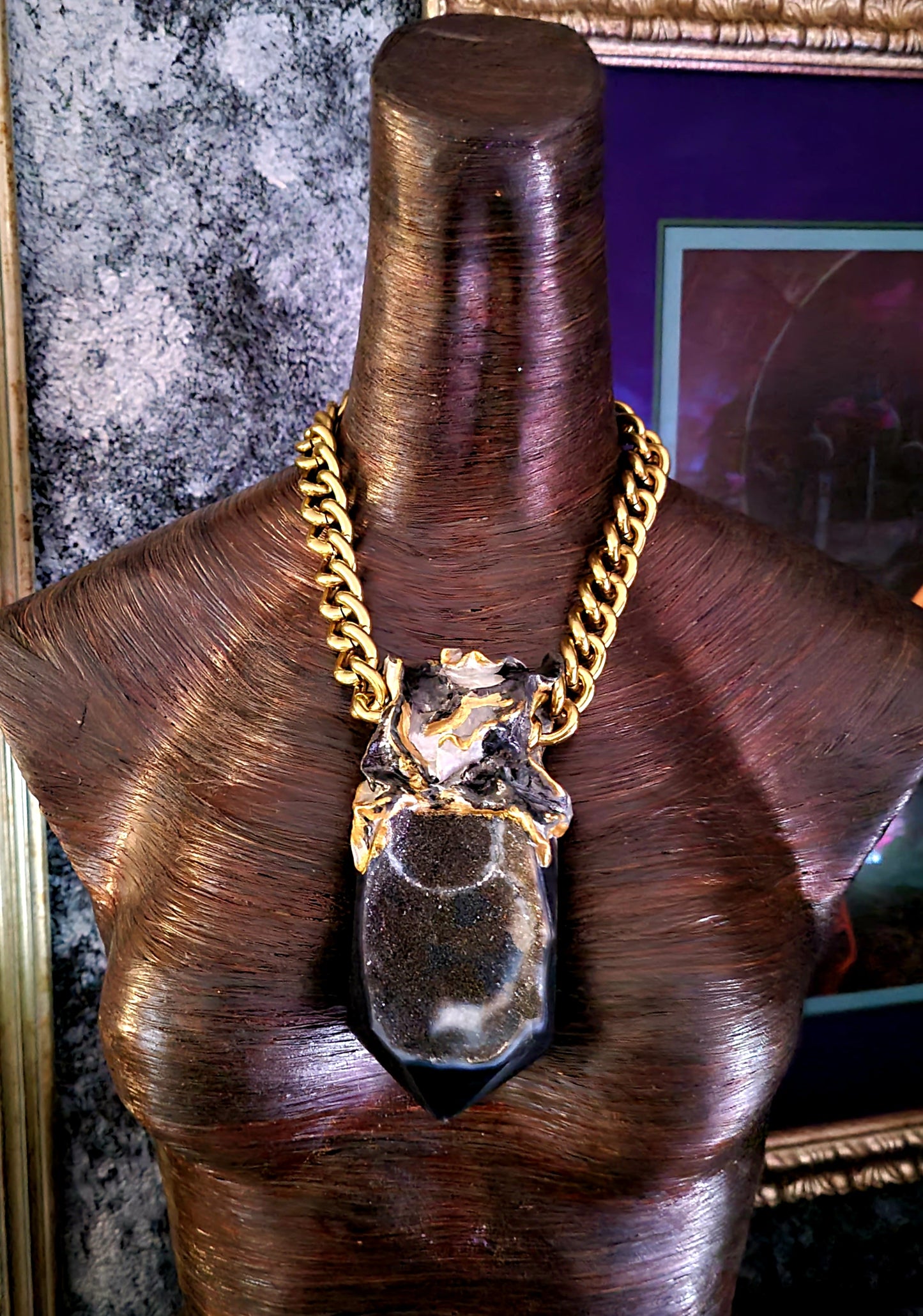 Heavily Crystallized Druzy Agate Chest Piece, Black & Gold Gemstone