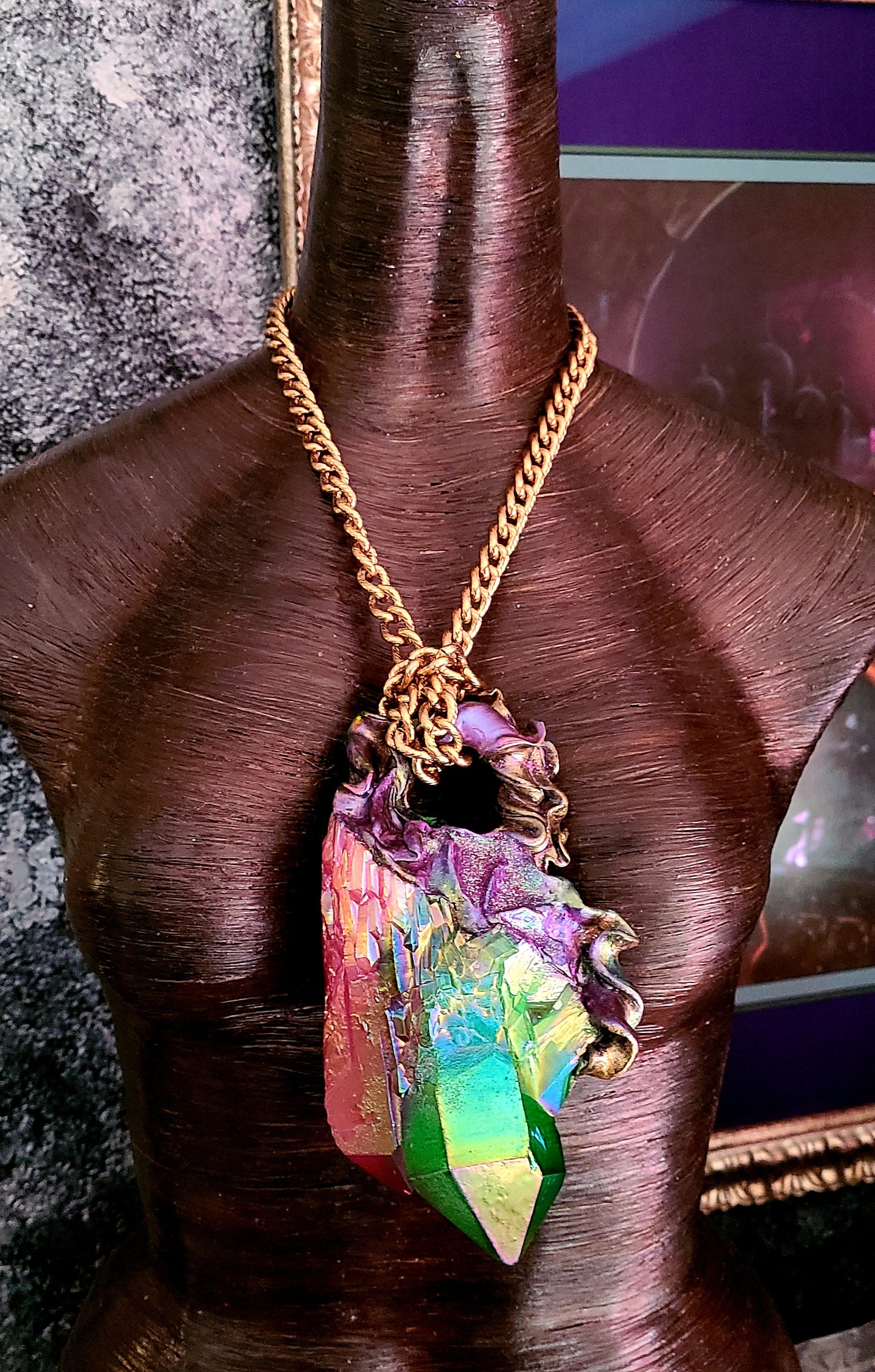 Rough Aura or Flame Quartz Gemstone Unisex Statement Gemstone Pendant