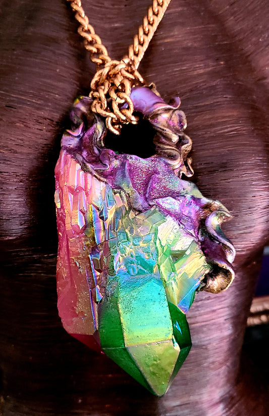 Rough Aura or Flame Quartz Gemstone Unisex Statement Gemstone Pendant