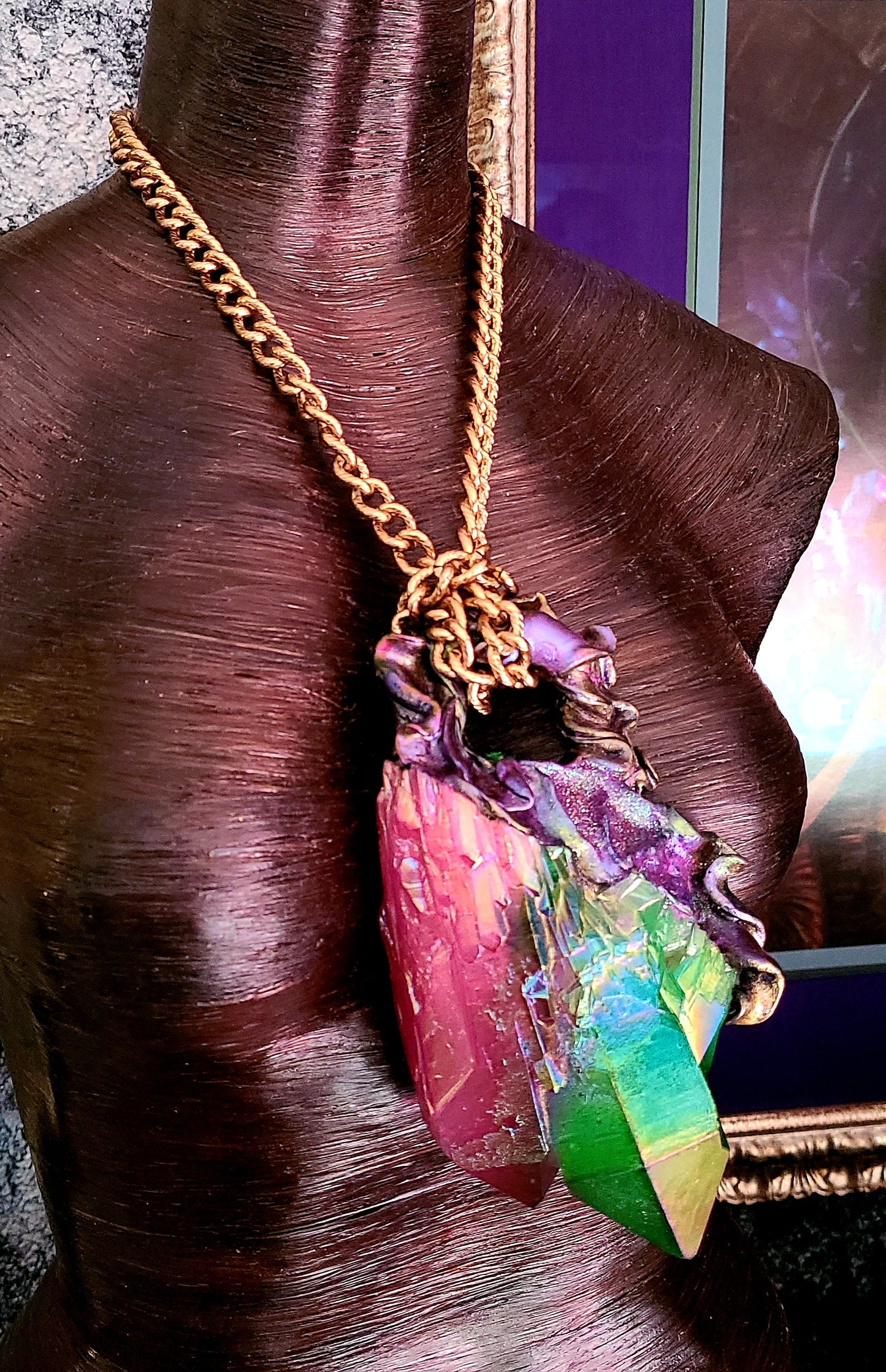 Rough Aura or Flame Quartz Gemstone Unisex Statement Gemstone Pendant