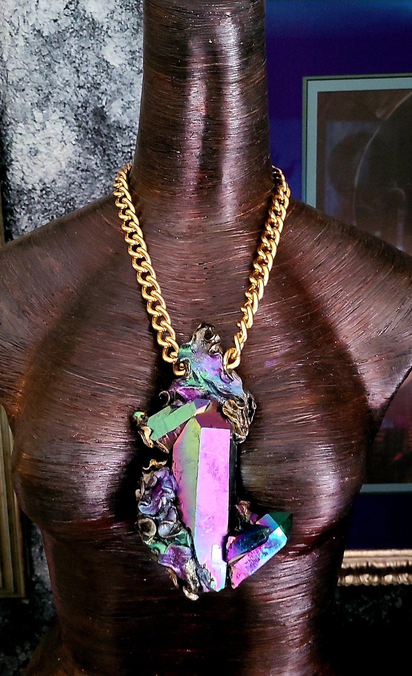 Massive Titanium Jewel Tone Quartz Sculpted Amulet, Rough Rainbow C