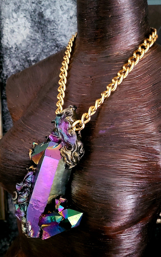 Massive Titanium Jewel Tone Quartz Sculpted Amulet, Rough Rainbow C