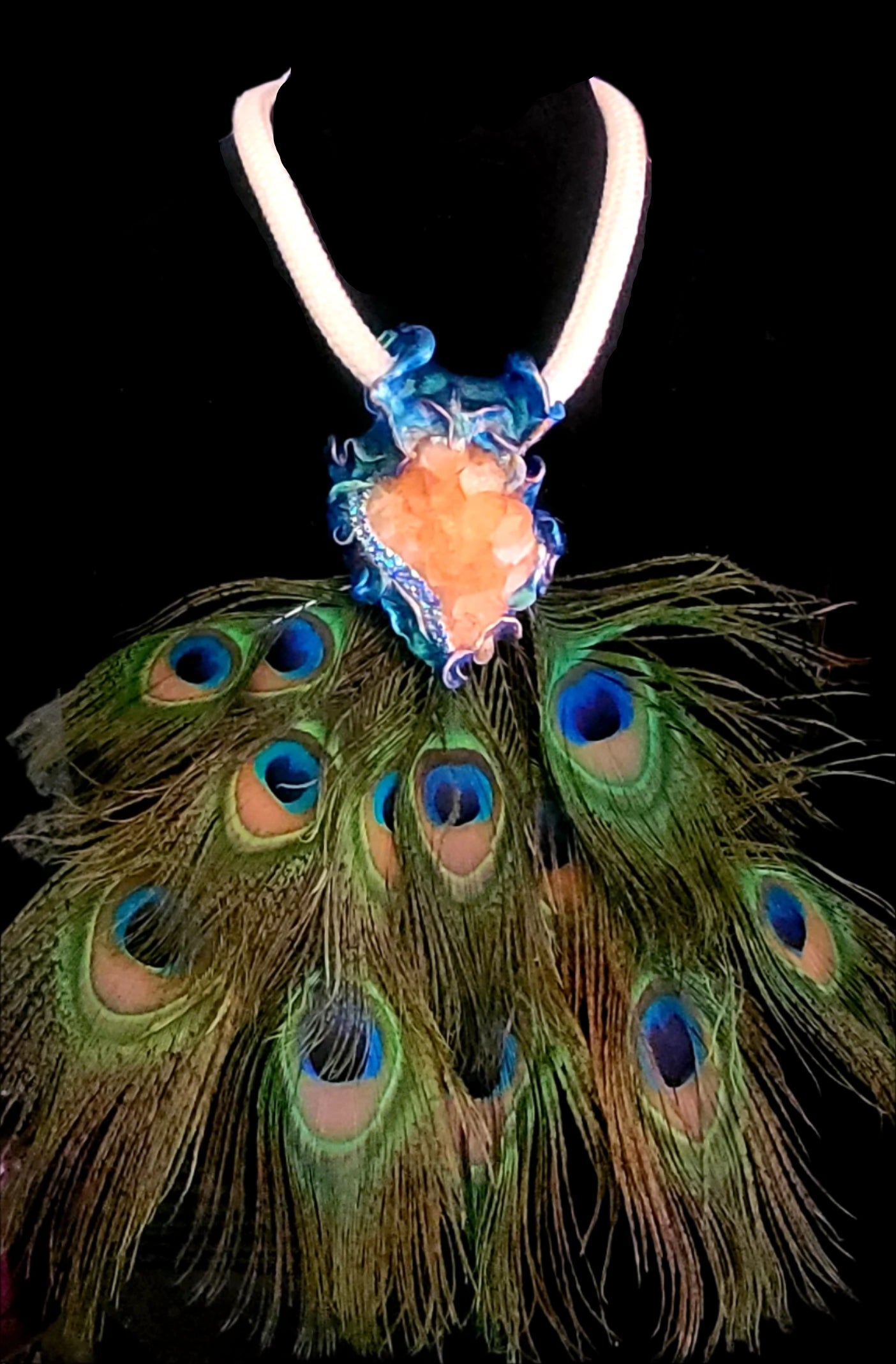 Peacock Feather Chest Piece, Rough Citrine Sculpted Rope Gemstone Pend