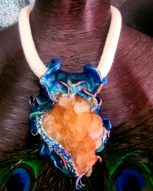 Peacock Feather Chest Piece, Rough Citrine Sculpted Rope Gemstone Pend