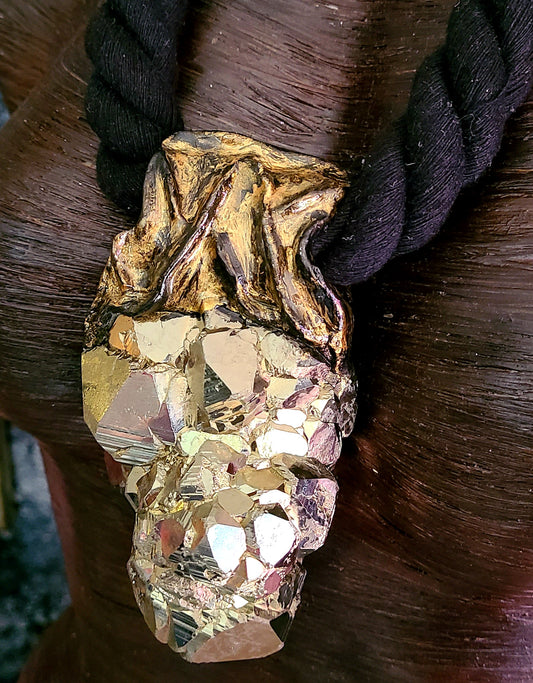 Luxury Rough Pyrite Black Rope Statement Gemstone Pendant, Unisex Fool