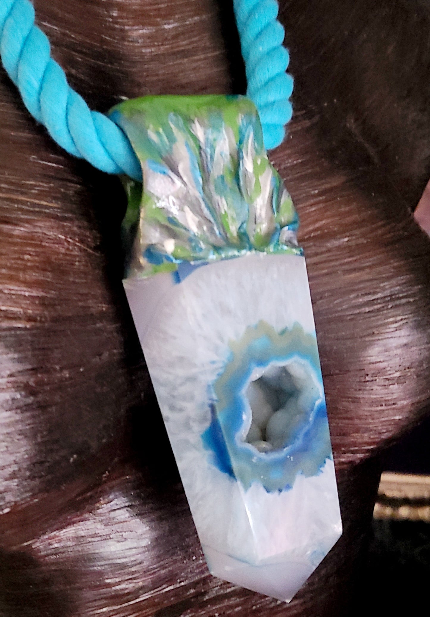 White Crystal Tower Blue Rope Gemstone Pendant, Blue Druzy Agate Sculp