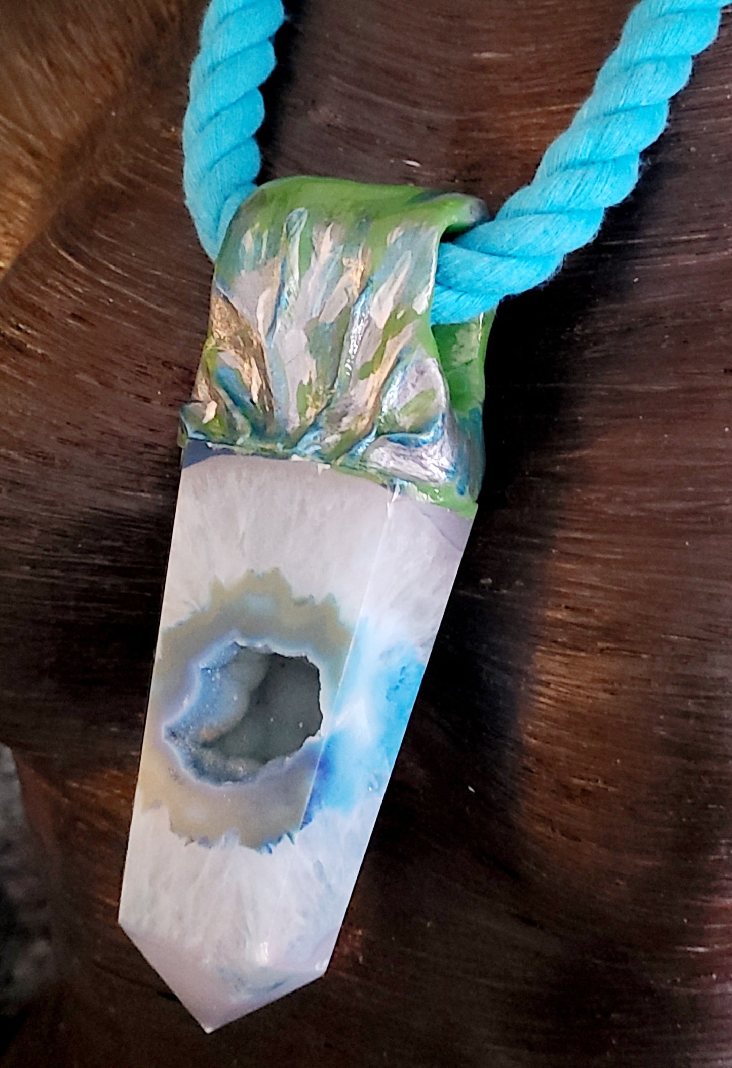 White Crystal Tower Blue Rope Gemstone Pendant, Blue Druzy Agate Sculp