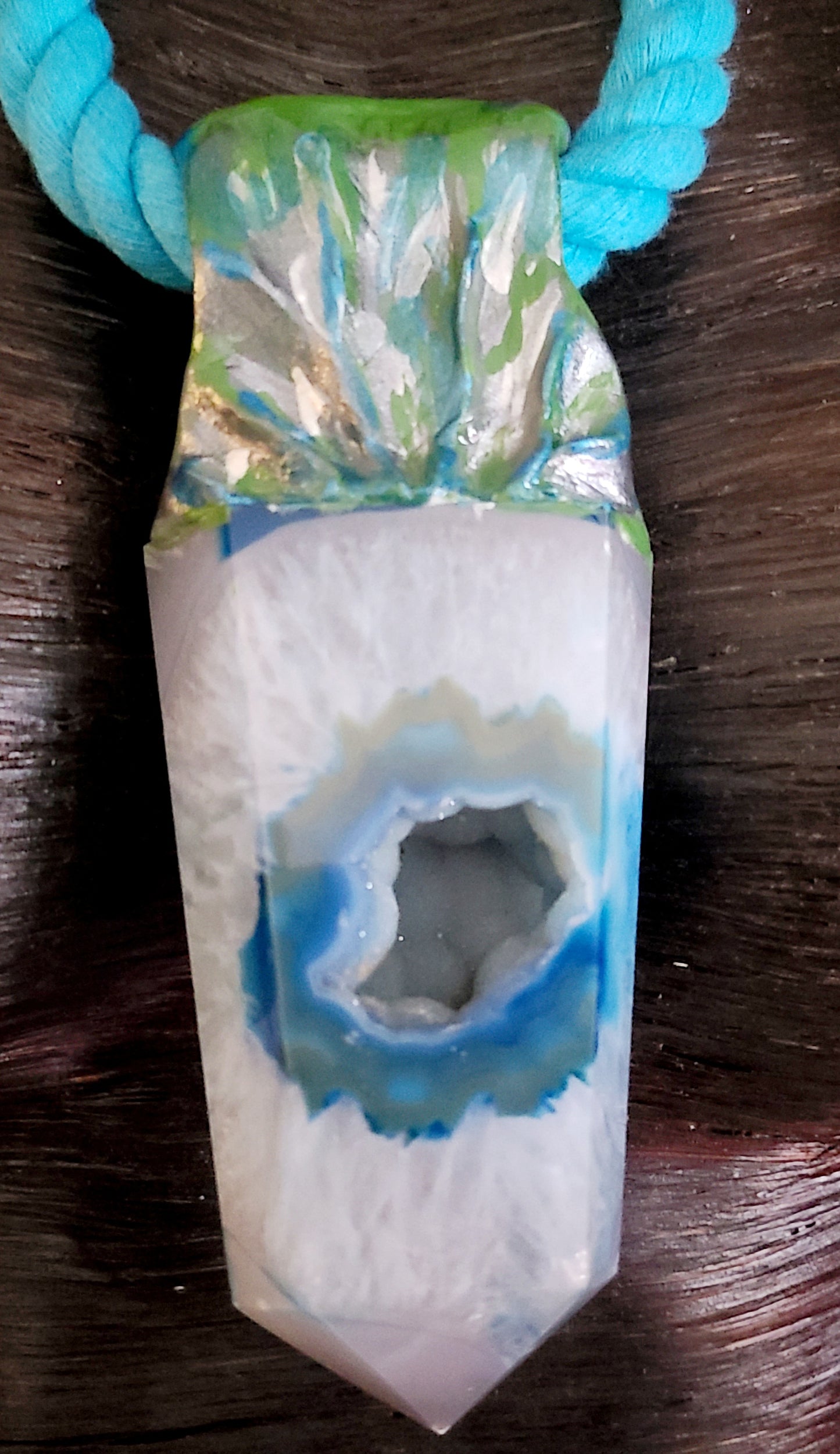 White Crystal Tower Blue Rope Gemstone Pendant, Blue Druzy Agate Sculp