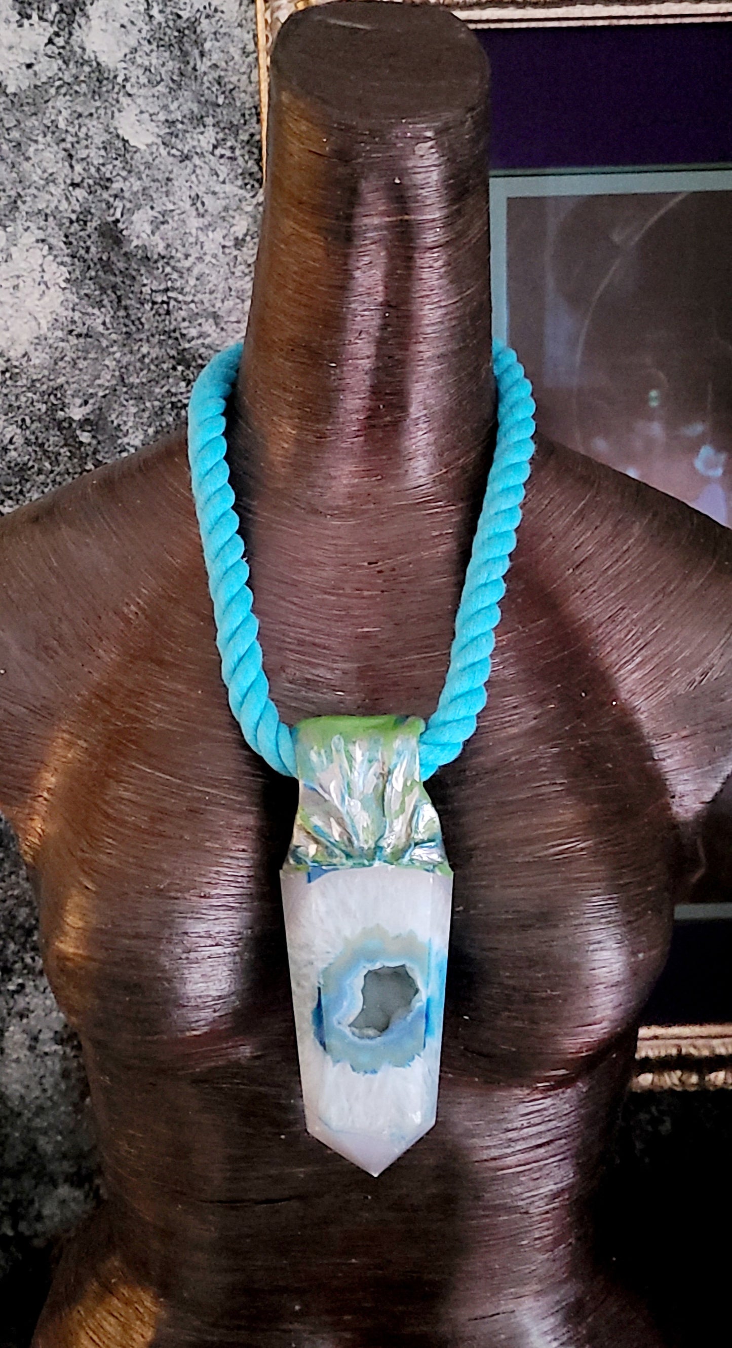 Blue & White Crystal Agate Druzy Tower Pendant with Turquoise Rope