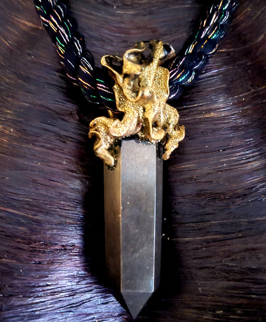 Pyrite Tower Black Rope Gemstone Pendant, Baroque Sculpted Style Talis