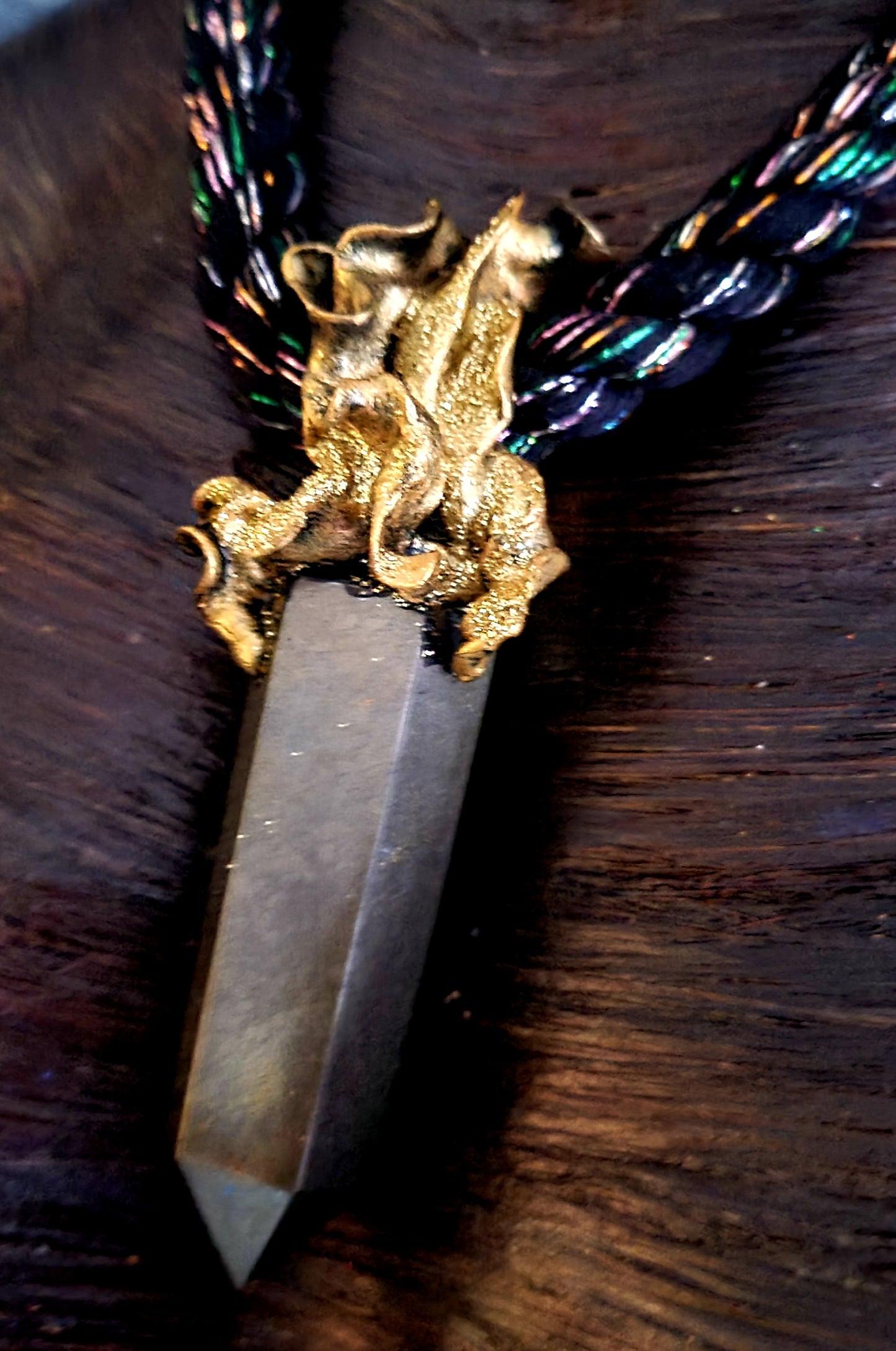 Pyrite Tower Black Rope Gemstone Pendant, Baroque Sculpted Style Talis