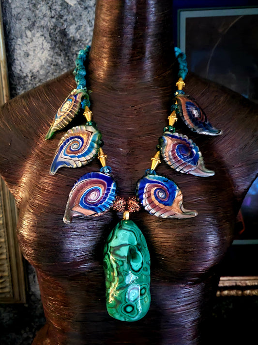 Polished Malachite Boulder Gemstone Pendant & Lampglass Leaf Necklace