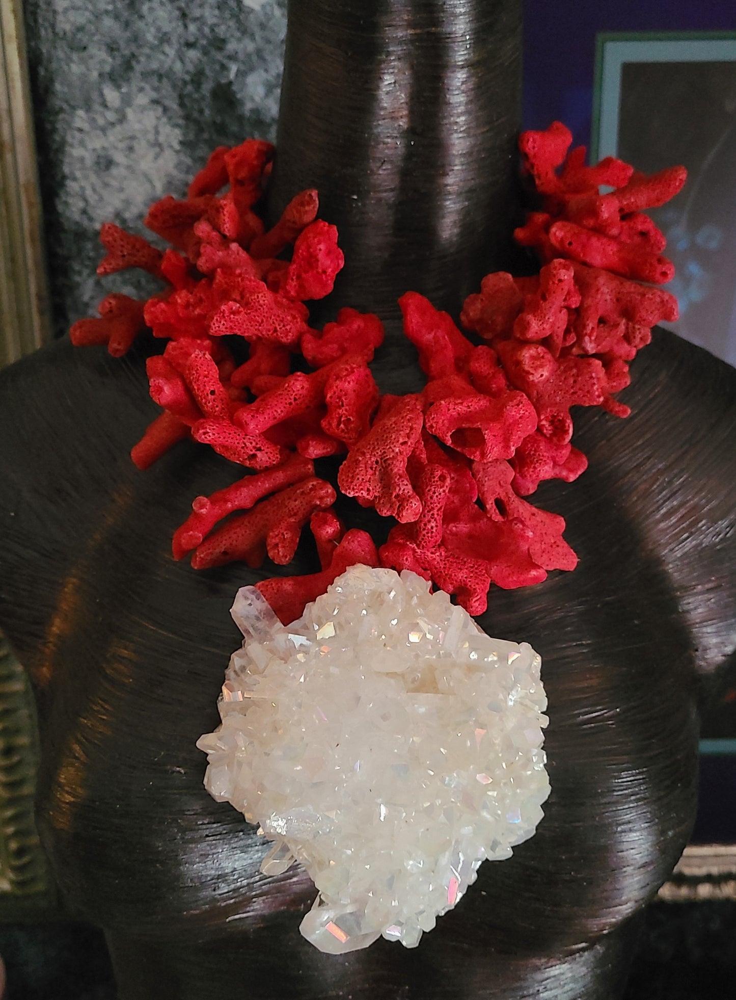 Rough Red Coral Luxury Necklace, Womens Aura Quartz Cluster Statement