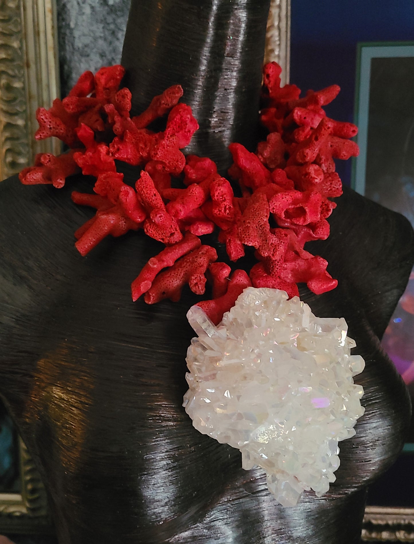 Rough Red Coral Luxury Necklace, Womens Aura Quartz Cluster Statement