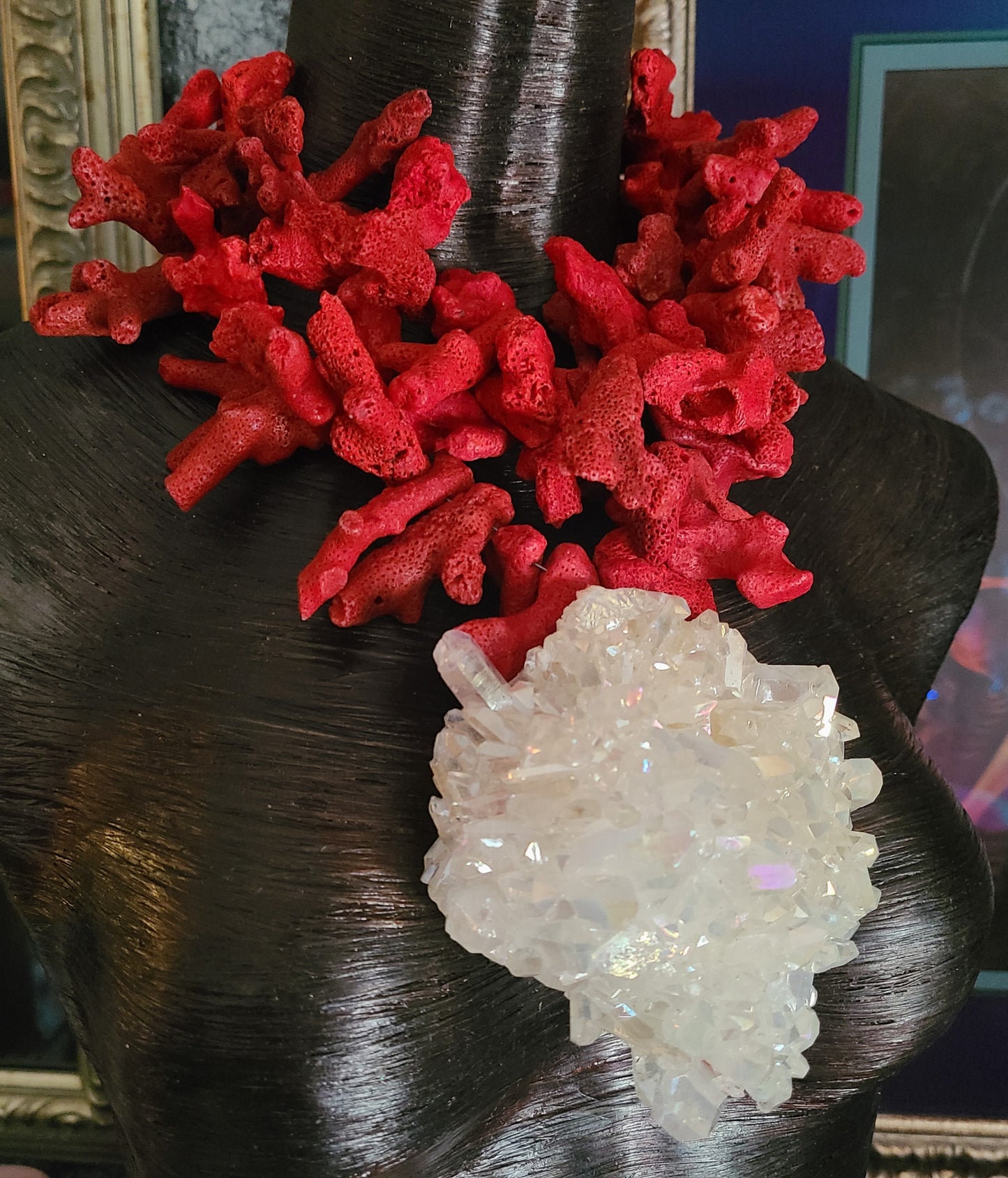 Rough Red Coral Luxury Necklace, Womens Aura Quartz Cluster Statement
