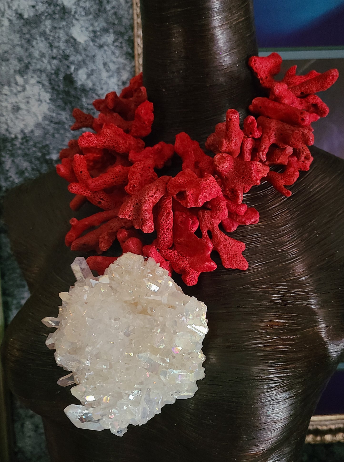 Rough Red Coral Luxury Necklace With Aura Quartz Pendant