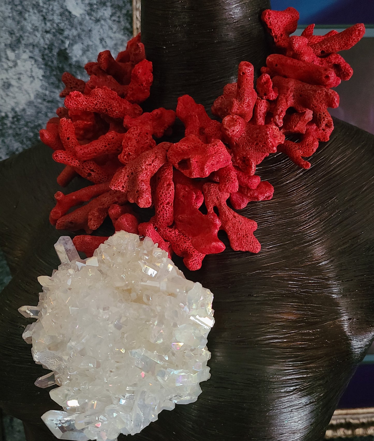Rough Red Coral Luxury Necklace, Womens Aura Quartz Cluster Statement