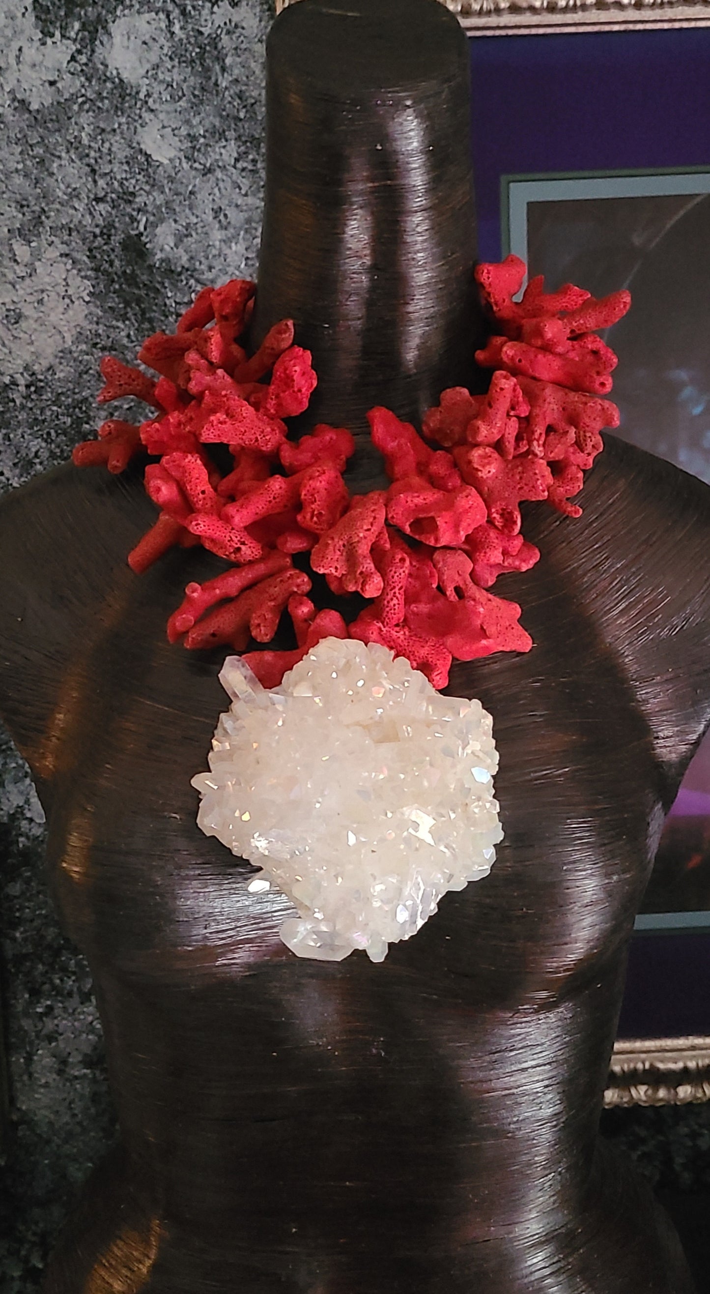 Rough Red Coral Luxury Necklace, Womens Aura Quartz Cluster Statement
