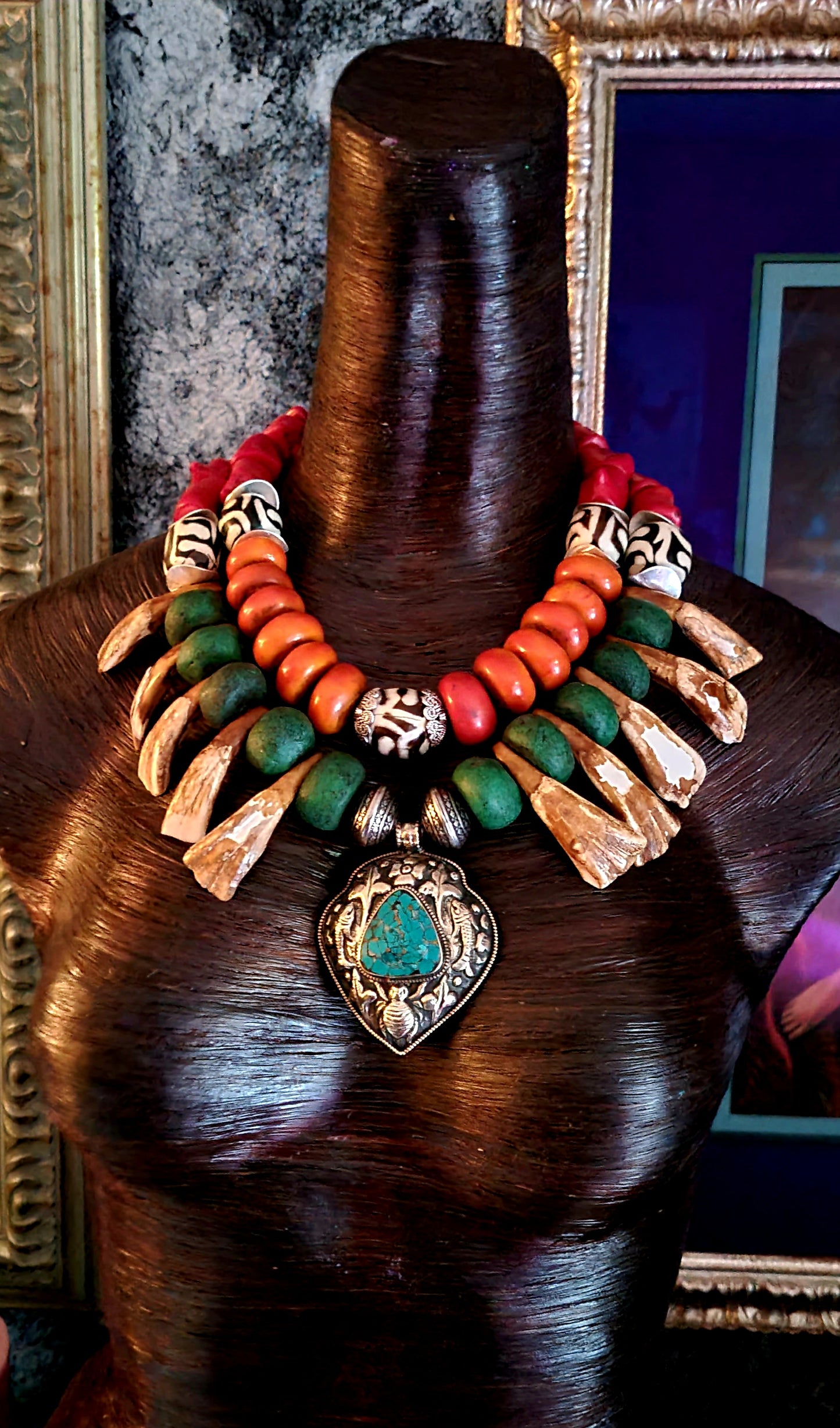 Exotic Tribal Luxe Necklace - Moroccan Resin, Zebu Bone & Bison Teeth
