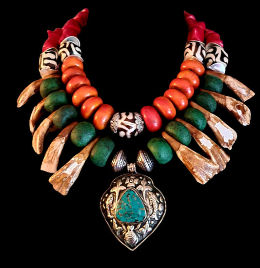 Exotic Tribal Luxe Necklace - Moroccan Resin, Zebu Bone & Bison Teeth