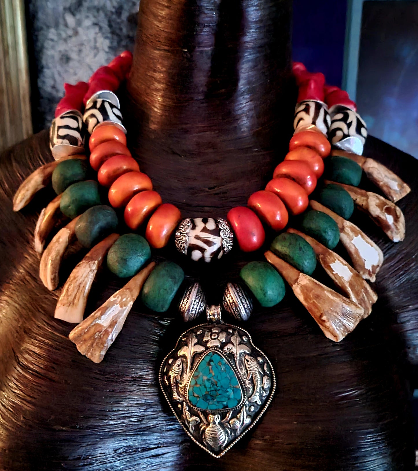 Exotic Tribal Luxe Necklace - Moroccan Resin, Zebu Bone & Bison Teeth