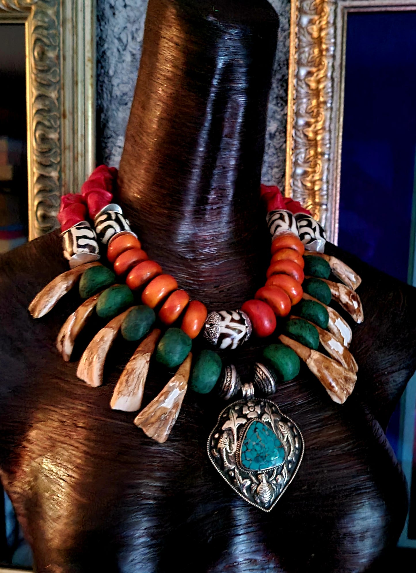 Exotic Tribal Luxe Necklace - Moroccan Resin, Zebu Bone & Bison Teeth
