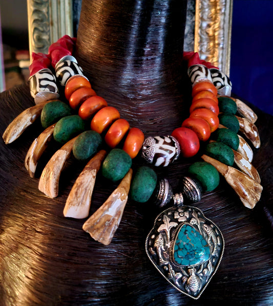 Exotic Tribal Luxe Necklace - Moroccan Resin, Zebu Bone & Bison Teeth