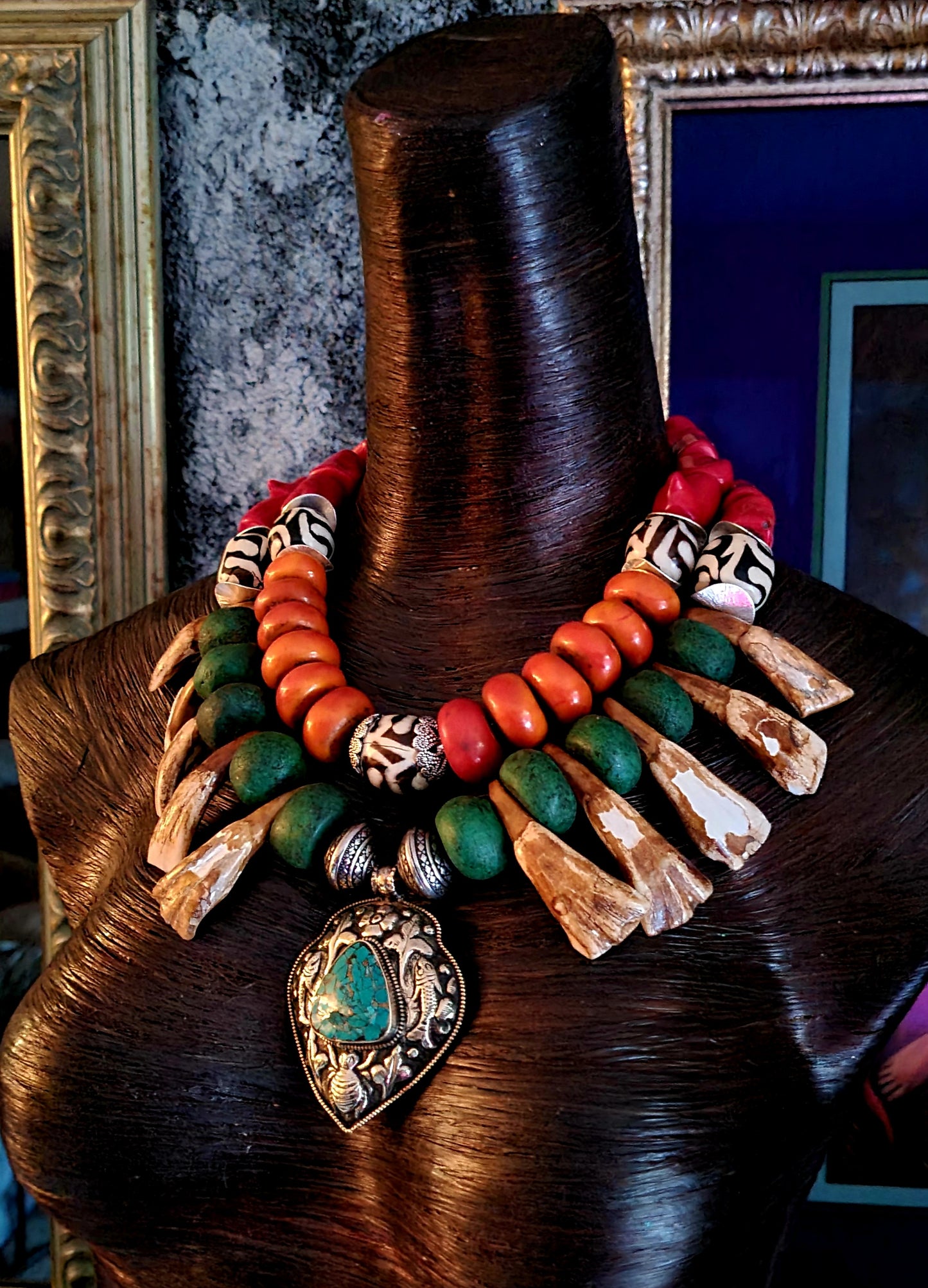 Exotic Tribal Luxe Necklace - Moroccan Resin, Zebu Bone & Bison Teeth