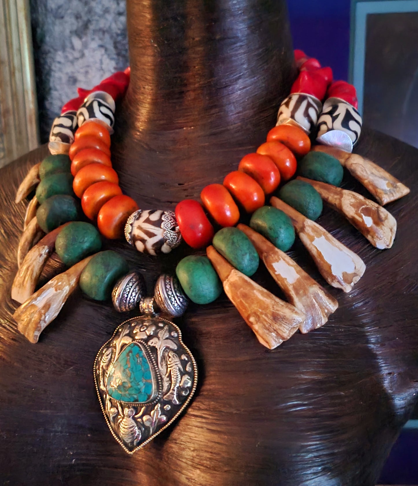 Exotic Tribal Luxe Necklace - Moroccan Resin, Zebu Bone & Bison Teeth