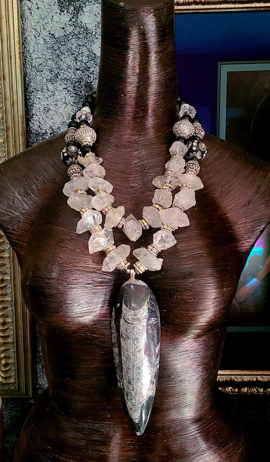 Orthoceras Fossil & Double Terminated Quartz Statement Luxury Necklace