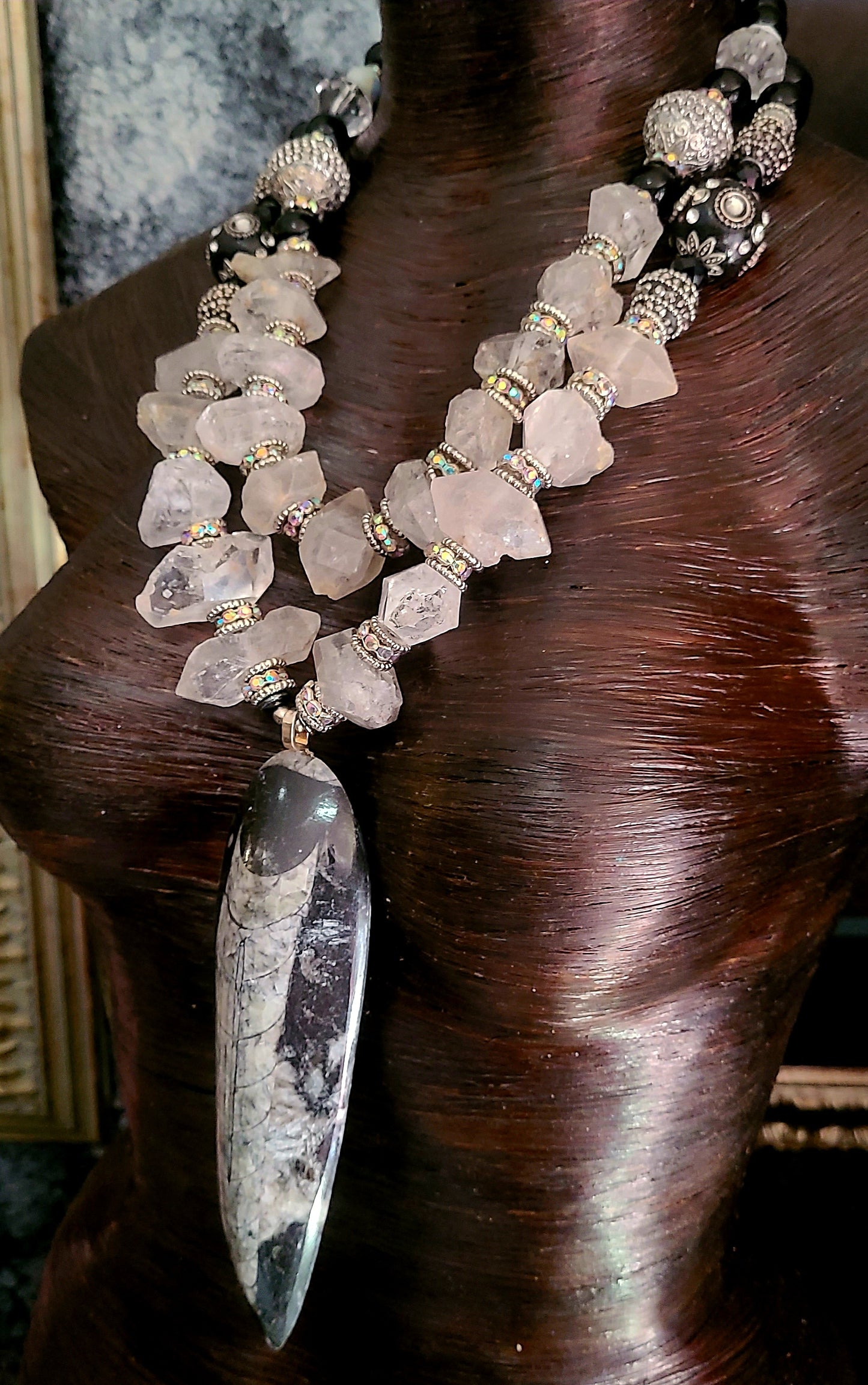 Orthoceras Fossil & Double Terminated Quartz Statement Luxury Necklace