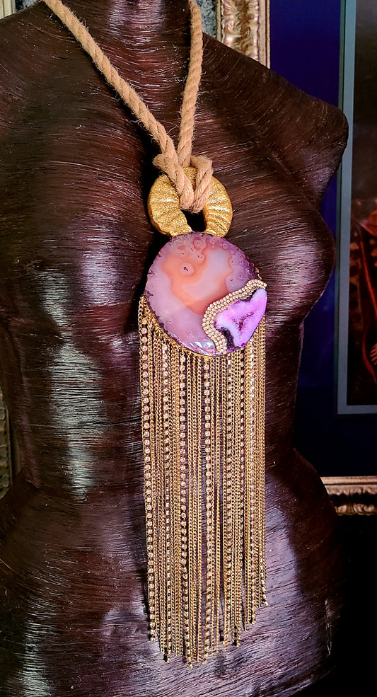 Light Pink Agate & Rhinestone Chainmail Sculpted Pendant - Hemp Rope