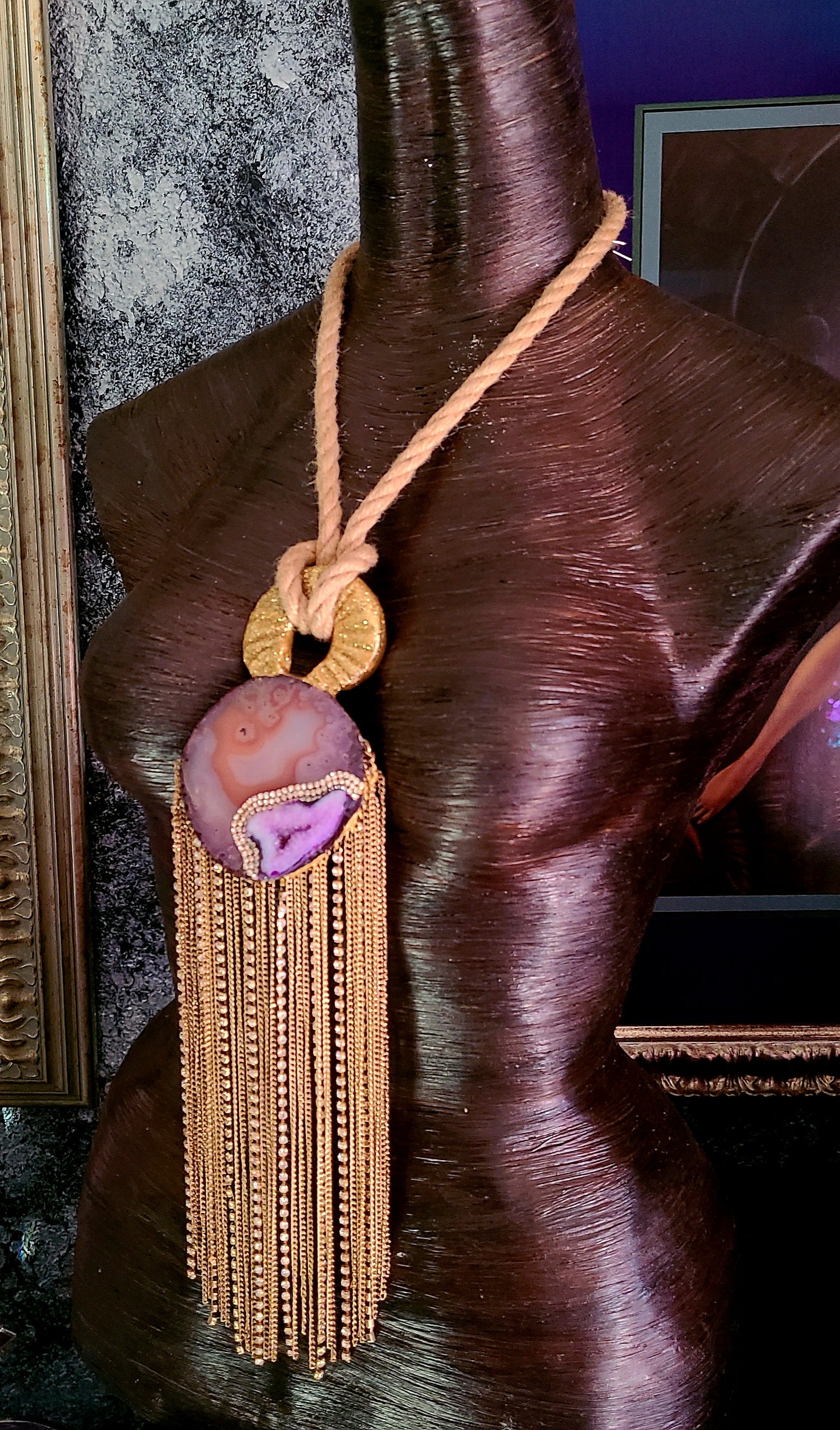 Druzy Agate Rhinestone Chainmail Gemstone Pendant On A Hemp Rope Haute