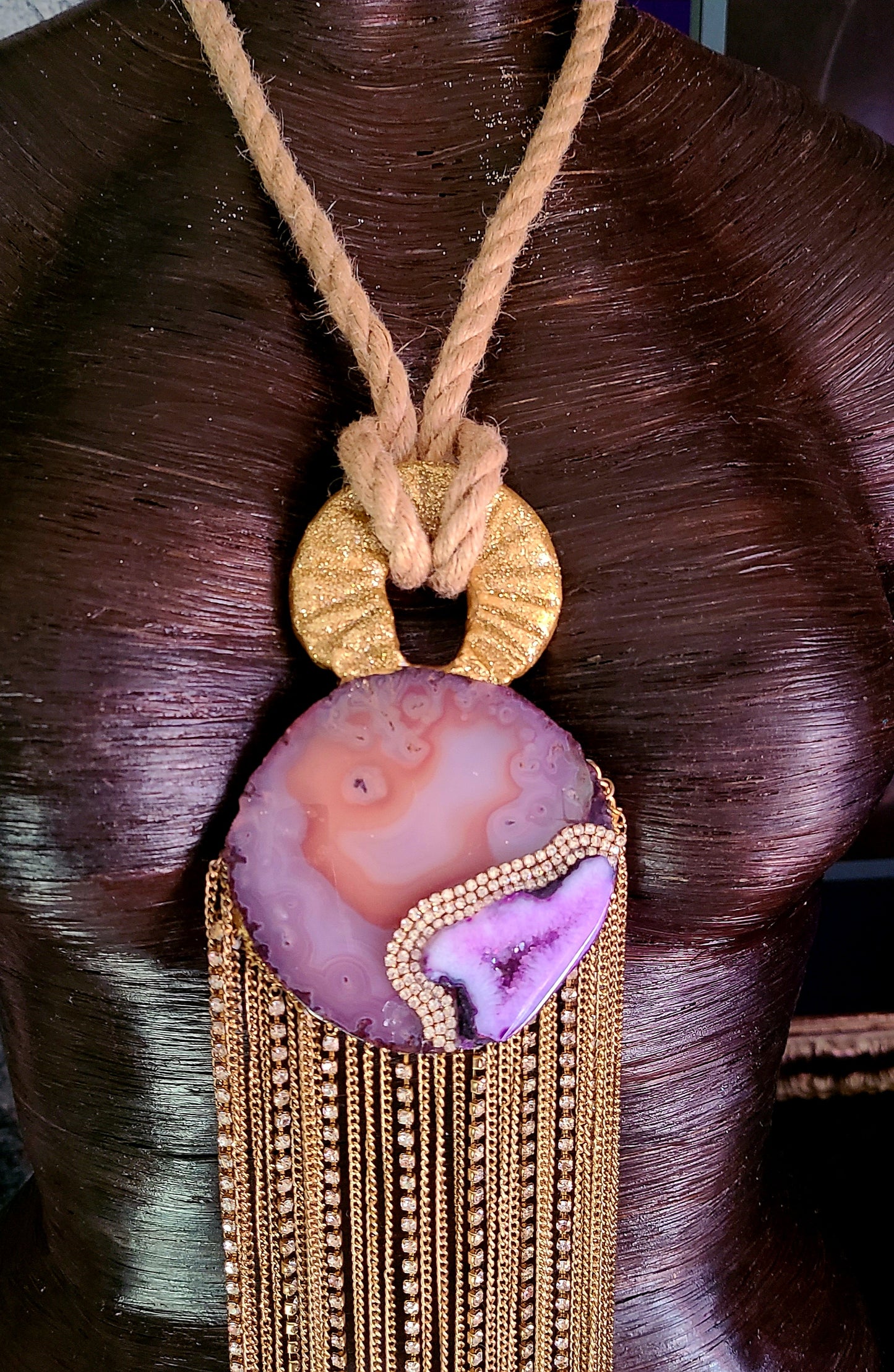 Light Pink Agate & Rhinestone Chainmail Sculpted Pendant - Hemp Rope