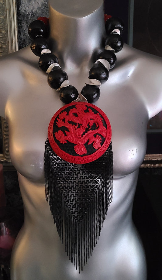Red and Black Chinese Cinnabar Lacquer Dragon & Chain Mail Necklace