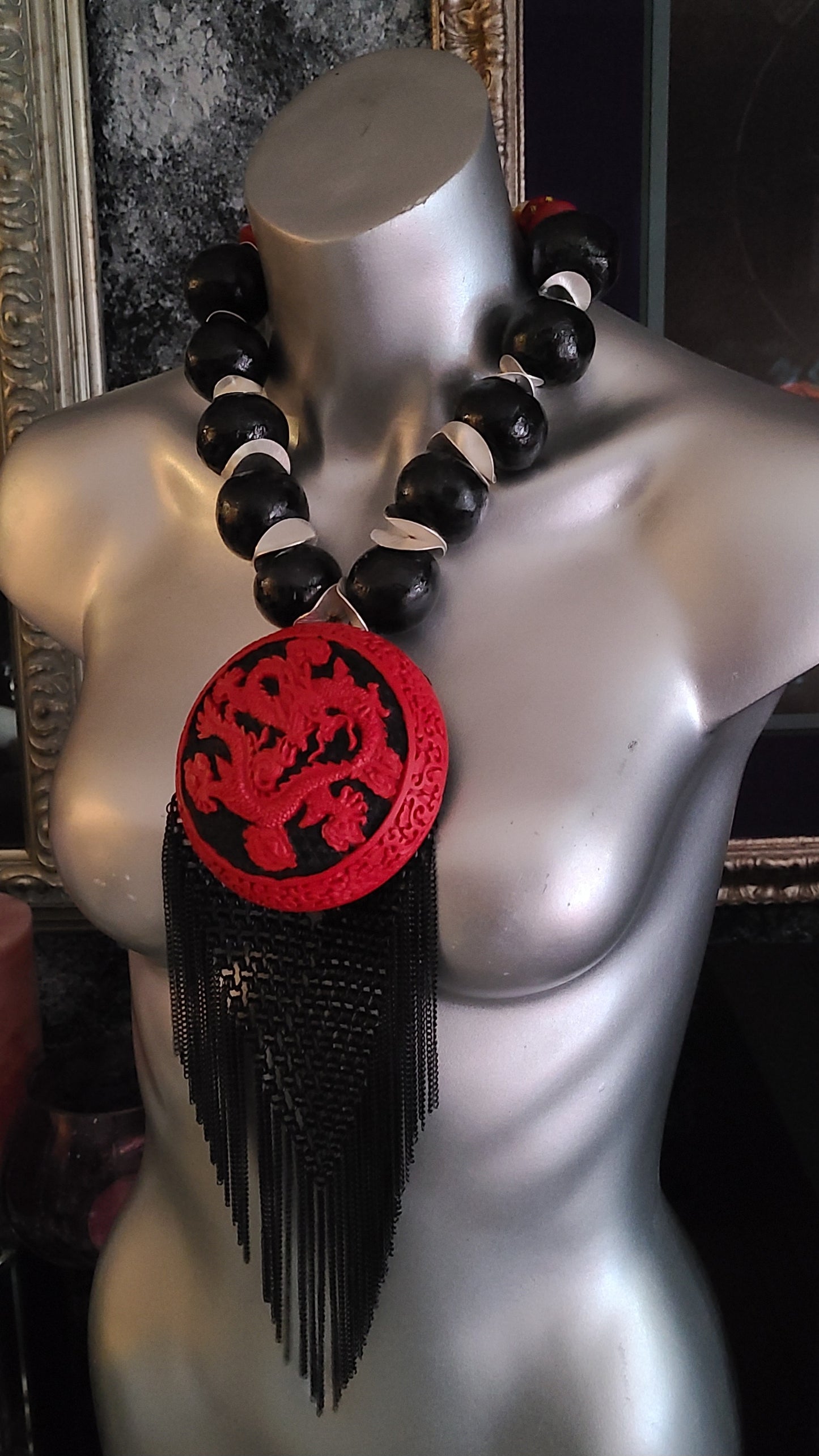 Red and Black Chinese Cinnabar Lacquer & Chain Mail Exotic