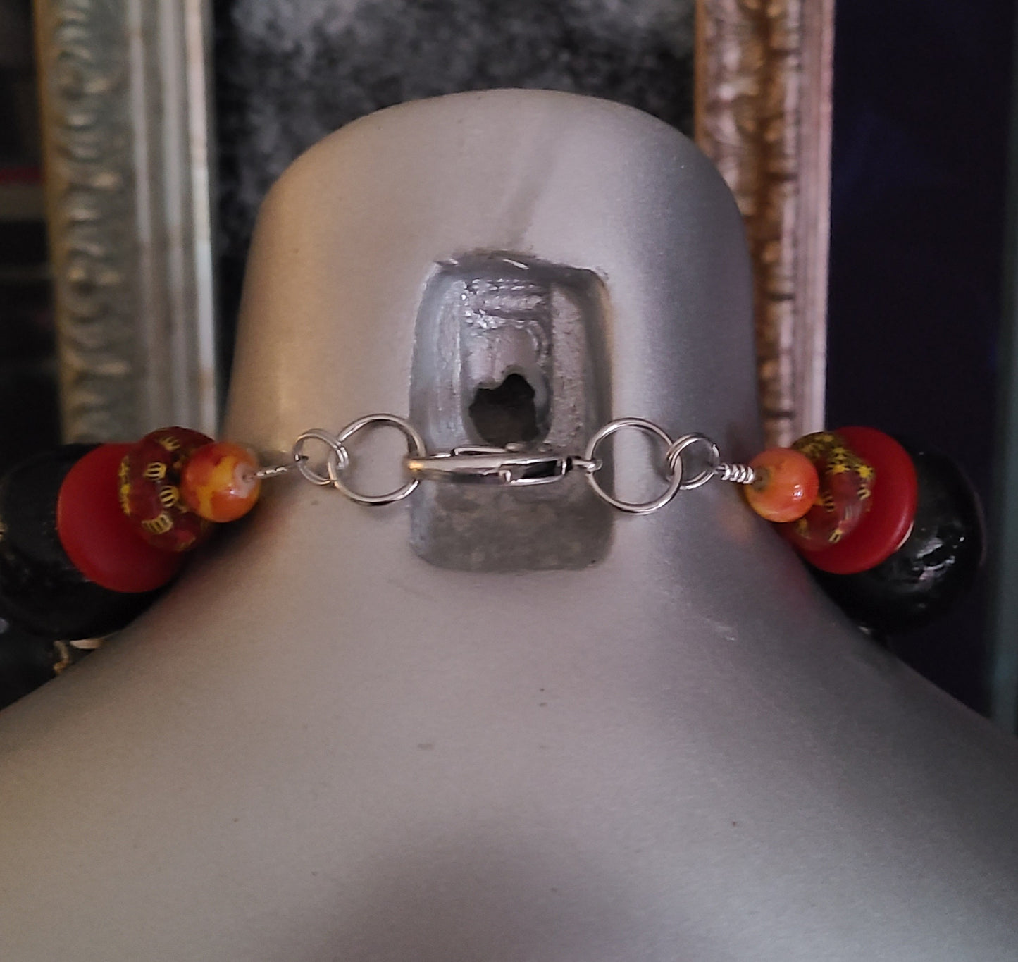 Red and Black Chinese Cinnabar Lacquer Dragon & Chain Mail Necklace